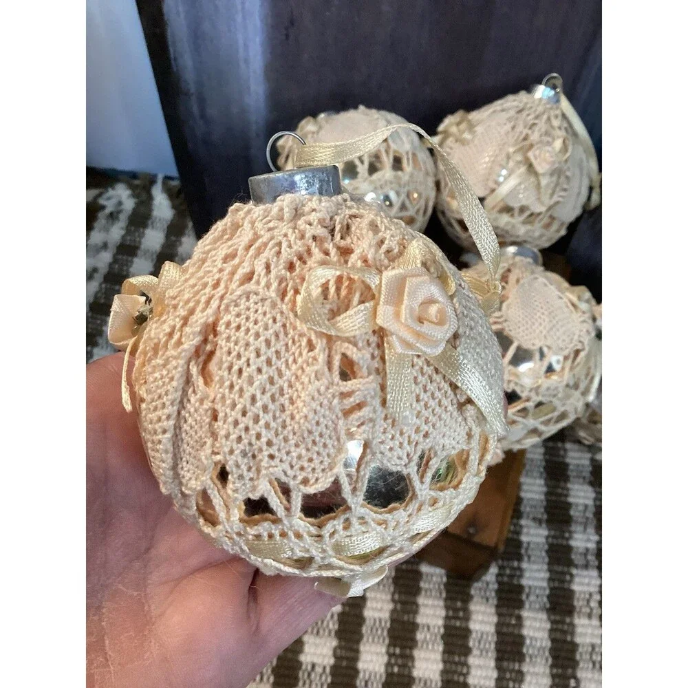 Vintage Alderbrook Lace Covered Silver Glass Christmas Ball Ornaments Set Of 7